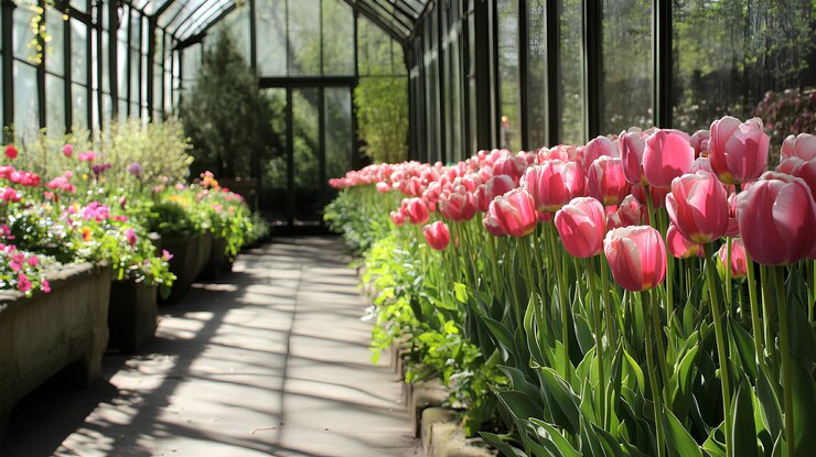 una fila de tulipanes en una fila con una fila de plantas verdes