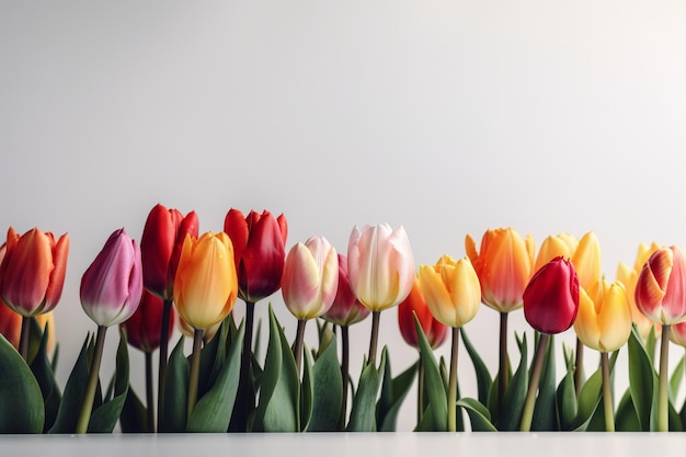 Una fila de tulipanes en una mesa blanca