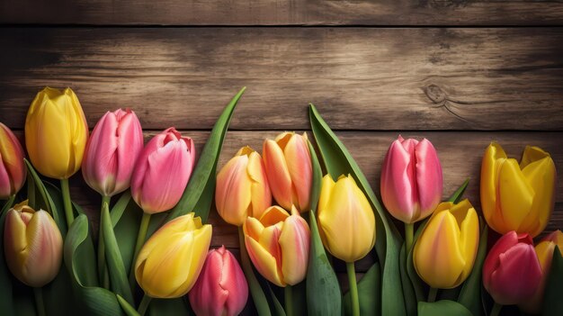 Una fila de tulipanes en una mesa de madera con el texto primavera en la parte superior.