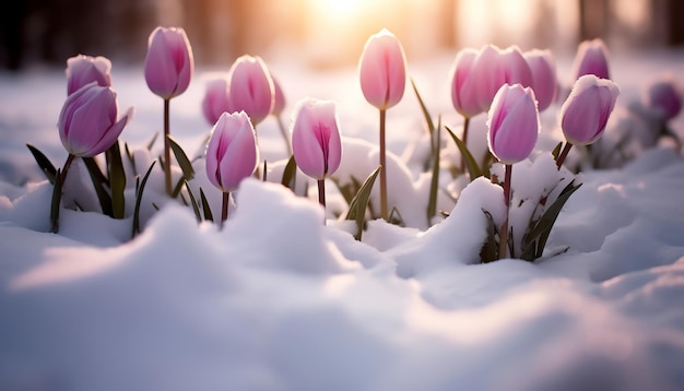 Una fila de tulipanes en la nieve con el sol brillando sobre ellos.