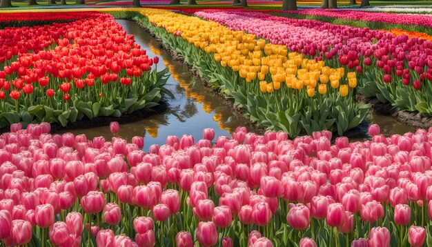 Foto una fila de tulipanes con la palabra tulipanes en ellos