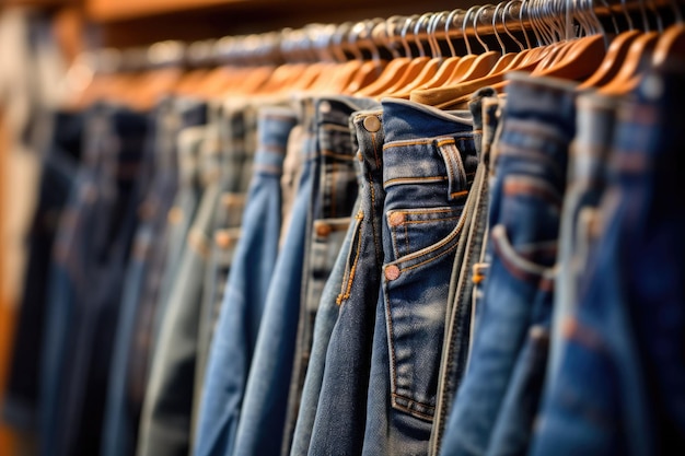 Una fila de vaqueros de denim colgando en el armario Una tienda de vaqueros de denim en un centro comercial Ventas de denim IA generativa