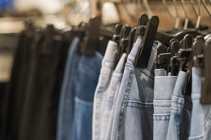 Una fila de vaqueros en la percha de la tienda enfoque selectivo Concepto de compra venta y moda denim