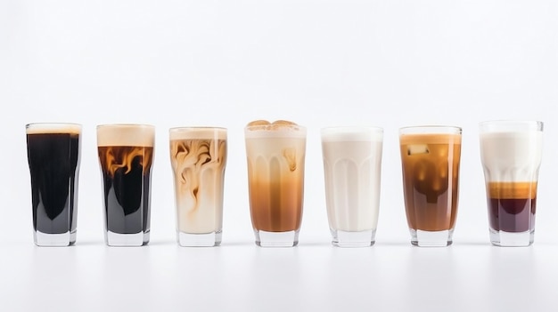 Una fila de varias bebidas de café sobre un fondo blanco IA generativa