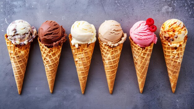 Foto una fila de varios conos de helado en un fondo de textura gris