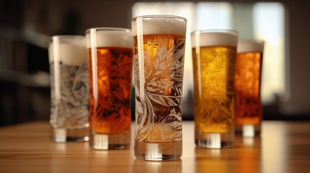 Una fila de vasos de cerveza con un patrón de hojas en la parte inferior.
