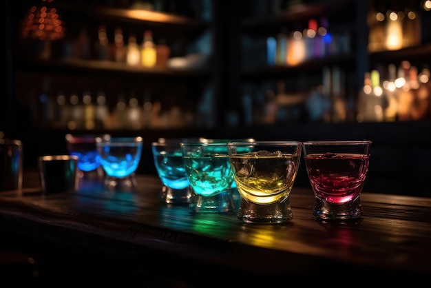 Una fila de vasos de chupito de colores con la palabra tequila en la parte inferior.