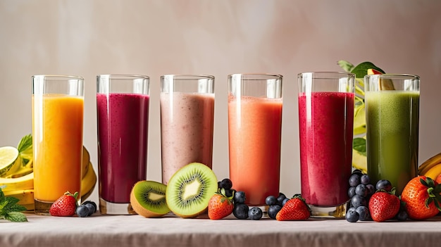 Una fila de vasos de jugo de frutas, uno de los cuales es un kiwi y el otro es un kiwi.