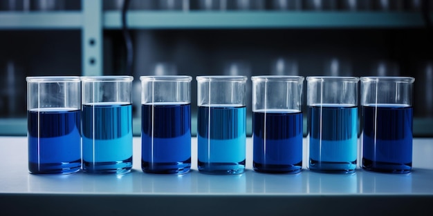 Una fila de vasos con líquido azul, uno de los cuales es azul.