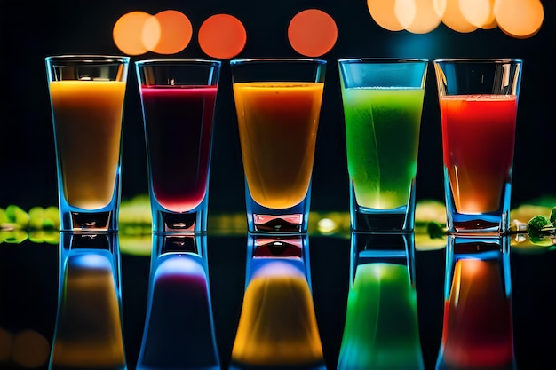 una fila de vasos con líquido de diferentes colores en ellos