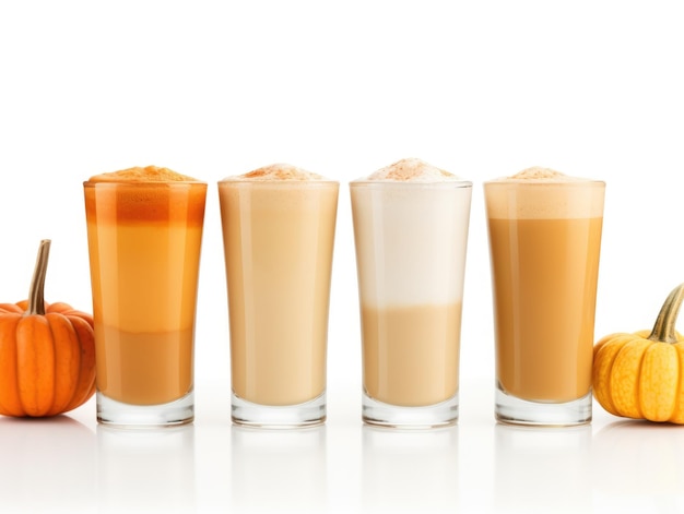 Una fila de vasos llenos de bebidas junto a calabazas Imagen digital Latte de calabaza y especias