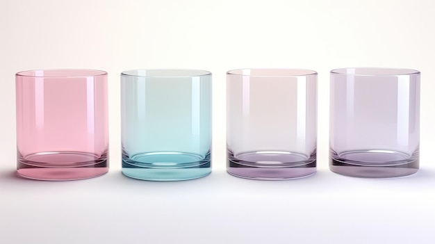 Una fila de vasos de vidrio con diferentes colores.