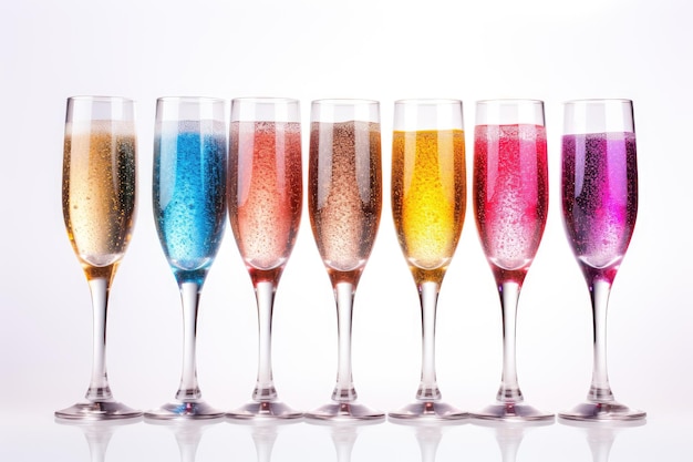 Una fila de vasos de vino llenos de líquido de diferentes colores Una fila de copas de vino muestra varios tonos de líquido cada vaso contiene un color diferente en fondo transparente blanco o PNG