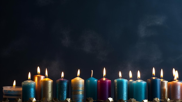 Una fila de velas encendidas con la palabra "feliz año nuevo" en la parte inferior.