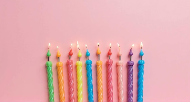 una fila de velas que están en un fondo rosa