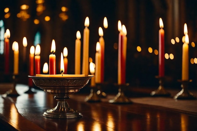 una fila de velas que están en una mesa con una vela en el medio