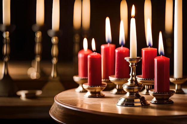 Una fila de velas rojas sobre una mesa con velas al fondo.