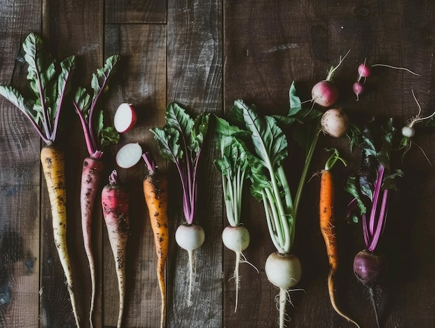 Una fila de verduras incluyendo zanahorias rábanos