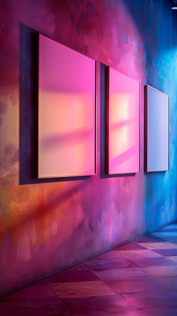 Una fila vertical de tres marcos vacíos en una pared colorida y suavemente iluminada