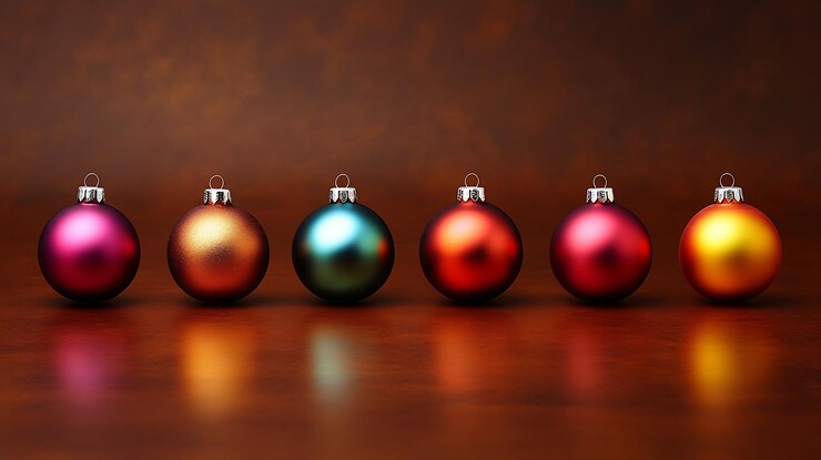 Foto fila de vibrantes adornos navideños en una superficie de madera que reflejan los colores festivos ia generativa
