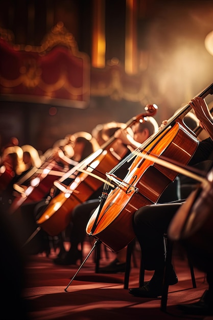 una fila de violines están alineadas en una habitación con un hombre tocando el violín