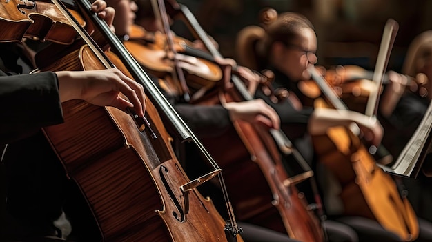 Fila de violonchelos alineados en fila