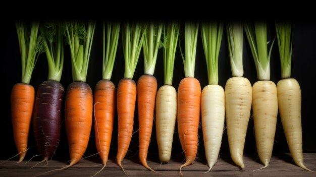 Una fila de zanahorias con tapa verde y fondo blanco