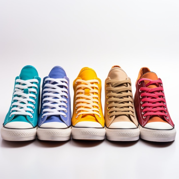 Una fila de zapatillas de colores de varios tamaños y estilos