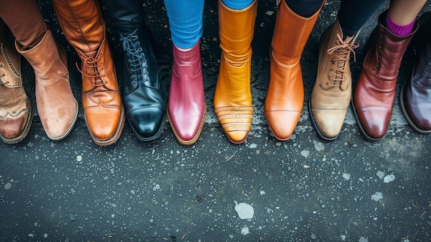 Una fila de zapatos de negocios para hombres bien alineados que muestran varios estilos, colores y materiales