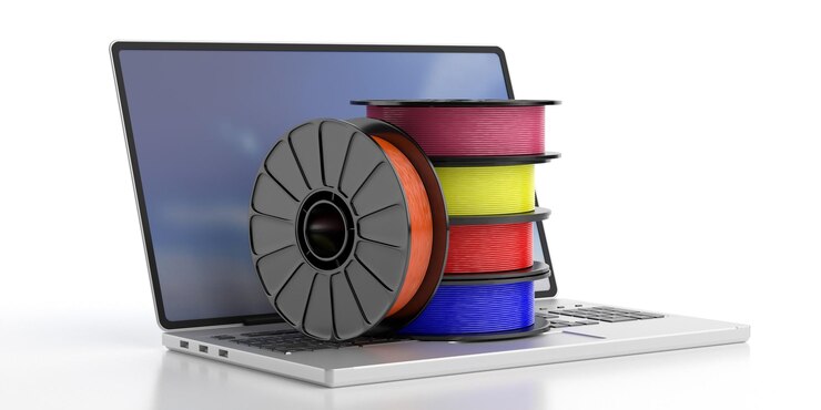 Foto filamentos abs de software de impresión 3d en una computadora portátil ilustración 3d de fondo blanco