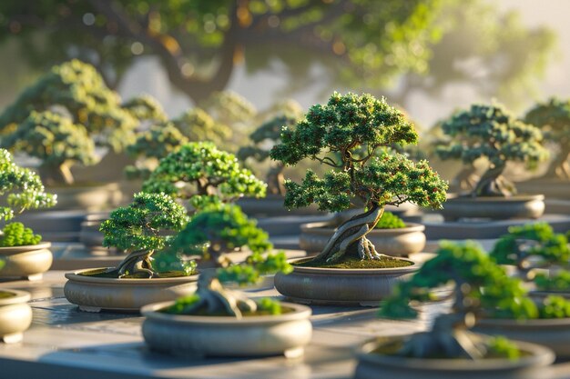 Foto filas de árboles de bonsai bien cuidados