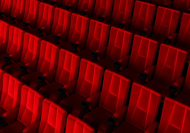 Filas de asientos de terciopelo rojo viendo películas en el cine con fondo de banner de espacio de copia Concepto de entretenimiento y teatro Representación de ilustración 3D