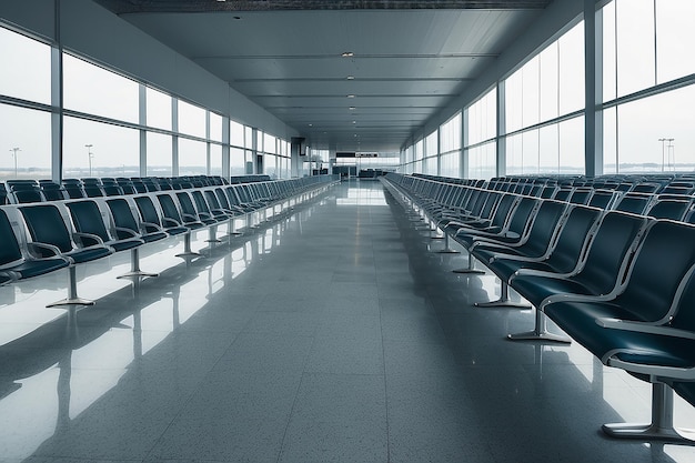 Filas de asientos vacíos en la sala de espera de la terminal desierta del aeropuerto