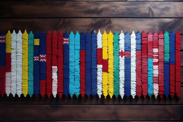 Filas de banderas internacionales hechas de cuentas en una superficie de madera desgastada