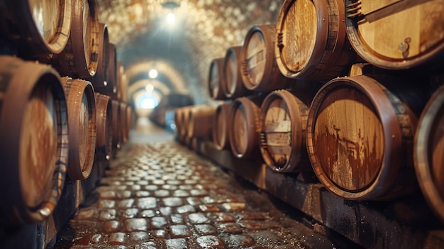 Filas de barriles de vino en la bodega