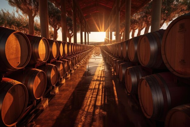 Filas de barriles de vino de madera que reflejan una luz cálida creada con ai generativa