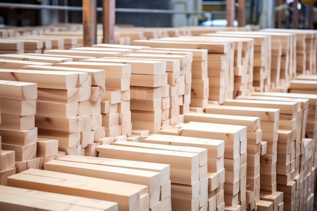 Filas de bloques de madera idénticos sin pintar esperando para ser procesados