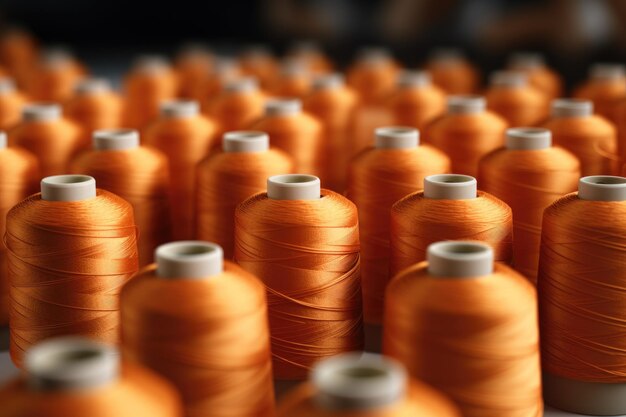 Filas de bobinas de hilo naranja en una fábrica textil Enfoque selectivo en la fabricación textil