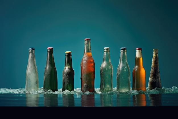 Filas de botellas de cerveza refrigeradas medio sumergidas en hielo creadas con ai generativo