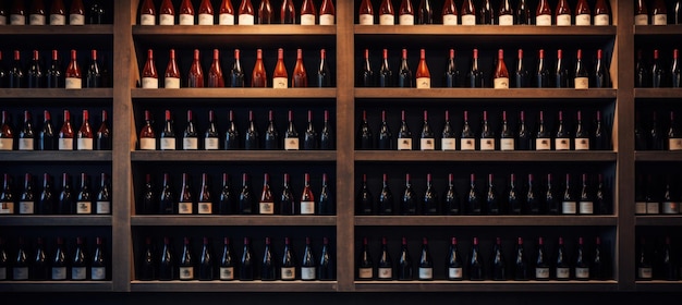 Filas de botellas de vino en bastidores en una bodega.