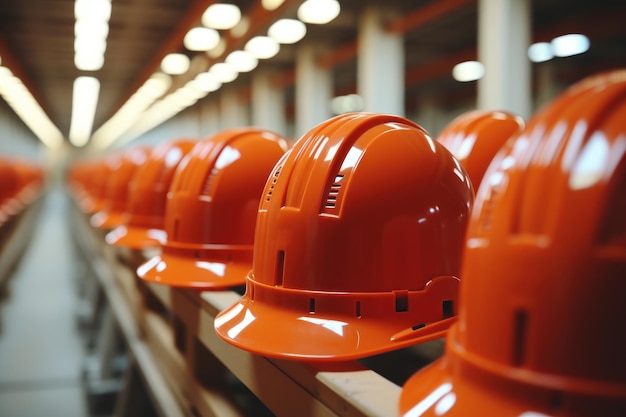 Filas de cascos naranjas o cascos de seguridad de proyecto