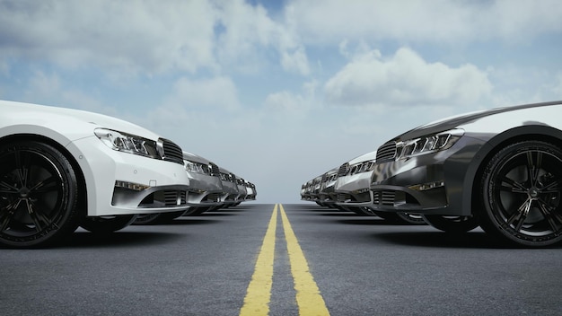 Filas de coches estacionados ordenadamente en el estacionamiento Ilustración de renderización 3D