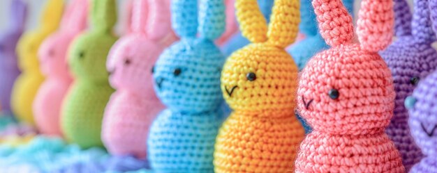 Las filas de conejos ganchados crean una encantadora decoración para la fiesta de Pascua
