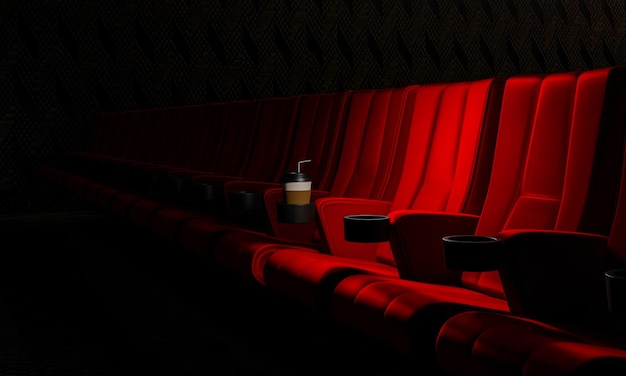 Foto filas de assentos de veludo vermelho assistindo a filmes no cinema com fundo de bandeira de espaço de cópia entretenimento e conceito de teatro ilustração 3d