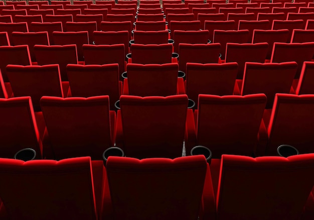 Filas de assentos de veludo vermelho assistindo filmes no cinema com fundo de banner de espaço de cópia conceito de entretenimento e teatro renderização de ilustração 3d