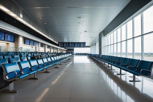 Filas de assentos vazios na sala de espera do terminal do aeroporto abandonado