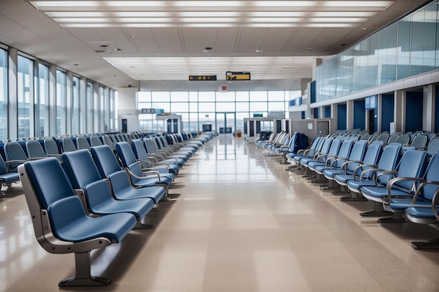 Filas de assentos vazios na sala de espera do terminal do aeroporto abandonado