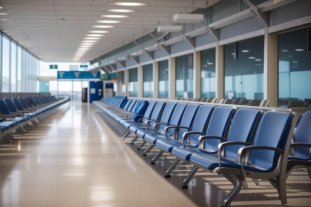 Filas de assentos vazios na sala de espera do terminal do aeroporto abandonado