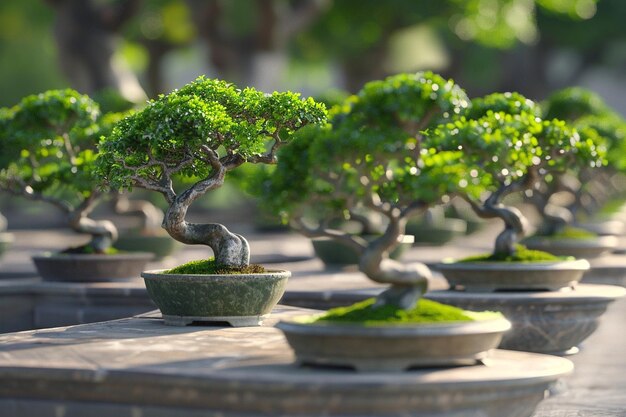 Foto filas de bonsai bem cuidadosas