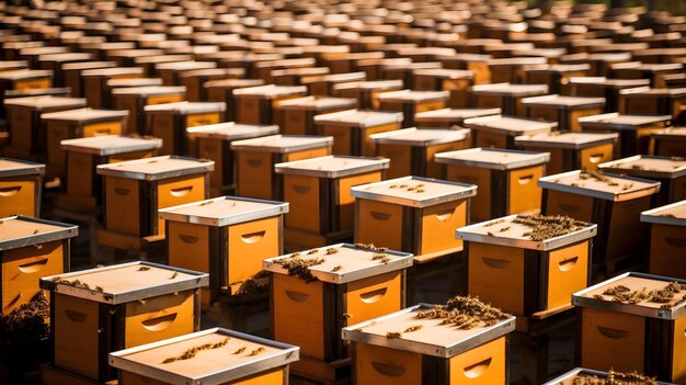 Foto filas de colmeias bem dispostas em um grande apiário